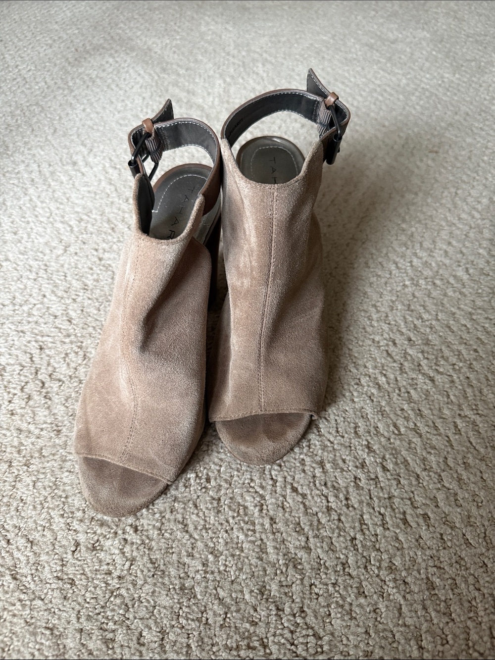 Tahari Margaret Suede Open-Toe Slingback Heels in Taupe